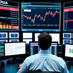A financial analyst confidently analyzing data on a vibrant, modern trading floor, surrounded by screens displaying market trends.