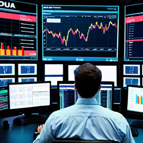 Home 4 A financial analyst confidently analyzing data on a vibrant, modern trading floor, surrounded by screens displaying market trends.