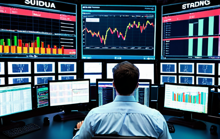 A financial analyst confidently analyzing data on a vibrant, modern trading floor, surrounded by screens displaying market trends.