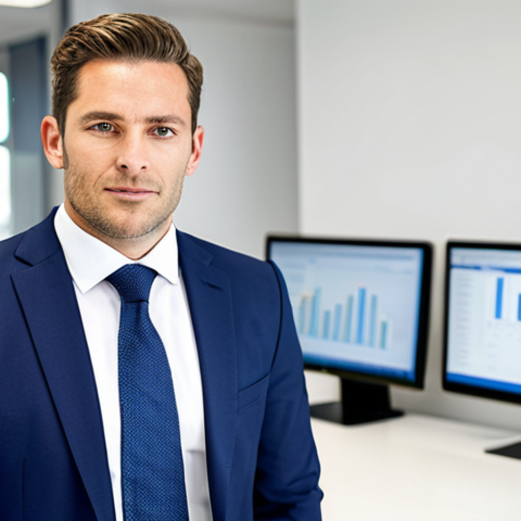 A professional male CFA charterholder, mid-30s, standing confidently in a bright, modern corporate finance office. He is wearing an impeccably tailored, modest dark blue business suit with a white shirt and a subtle tie, looking directly at the viewer with a reassuring and professional expression. The blurred background shows colleagues working diligently on computers, conveying a collaborative and professional atmosphere. perfect anatomy, correct proportions, natural pose, well-formed hands, proper finger count, natural body proportions, professional photography, high-resolution, sharp focus, natural lighting, high quality, safe for work, appropriate content, fully clothed, professional dress.