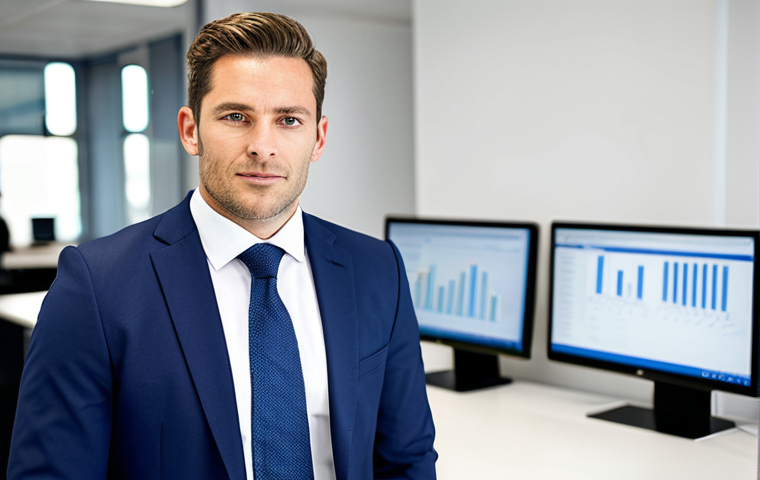 A professional male CFA charterholder, mid-30s, standing confidently in a bright, modern corporate finance office. He is wearing an impeccably tailored, modest dark blue business suit with a white shirt and a subtle tie, looking directly at the viewer with a reassuring and professional expression. The blurred background shows colleagues working diligently on computers, conveying a collaborative and professional atmosphere. perfect anatomy, correct proportions, natural pose, well-formed hands, proper finger count, natural body proportions, professional photography, high-resolution, sharp focus, natural lighting, high quality, safe for work, appropriate content, fully clothed, professional dress.